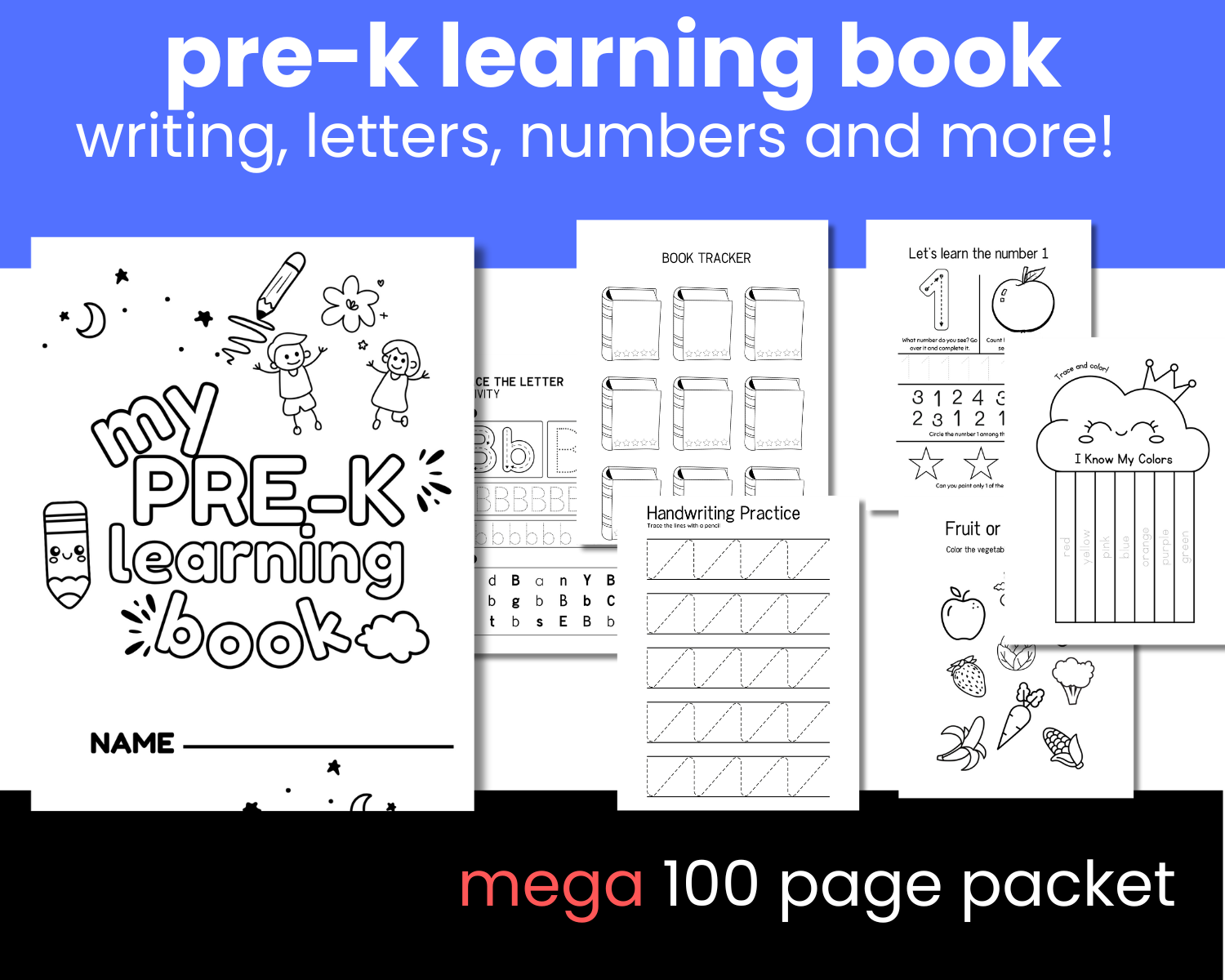 Pre-K Learning Book for Handwriting, numbers and more 100 Page Packet Printable