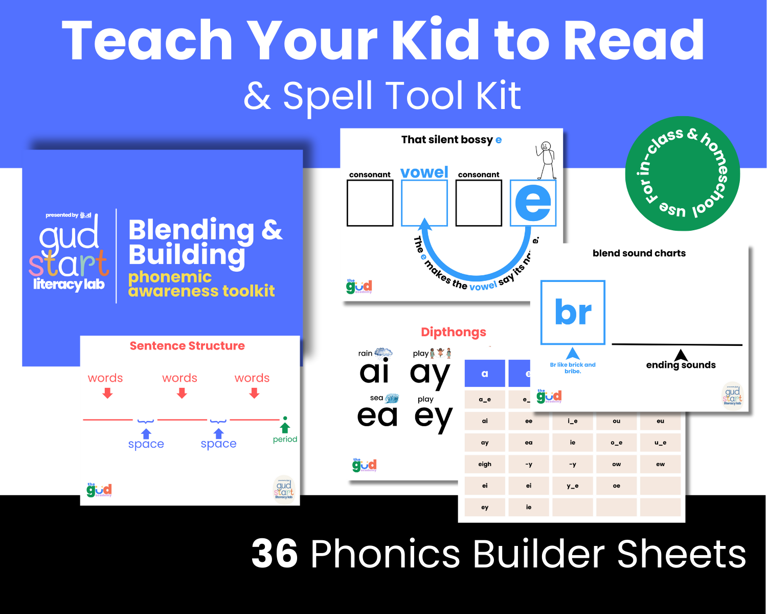 Teach Your Kid to Read Phonics, Blending and Building 36 Page Tool Kit Printable